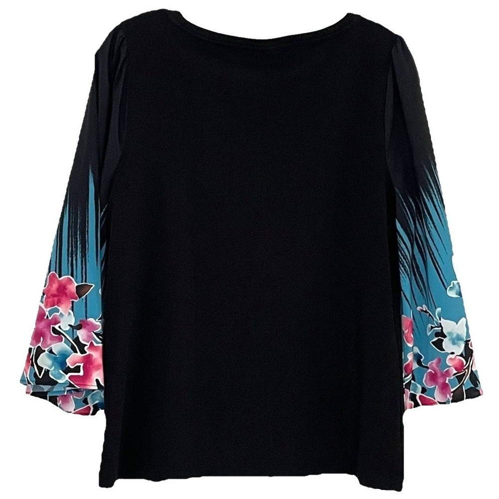 Chicos Womens Blouse M/1 Black Floral 3/4 Bell Sleeve Pullover Comfort Stretch - Picture 2 of 6